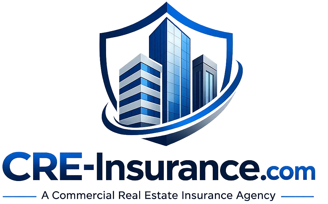 CRE Insurance logo featuring commercial building and shield symbol.