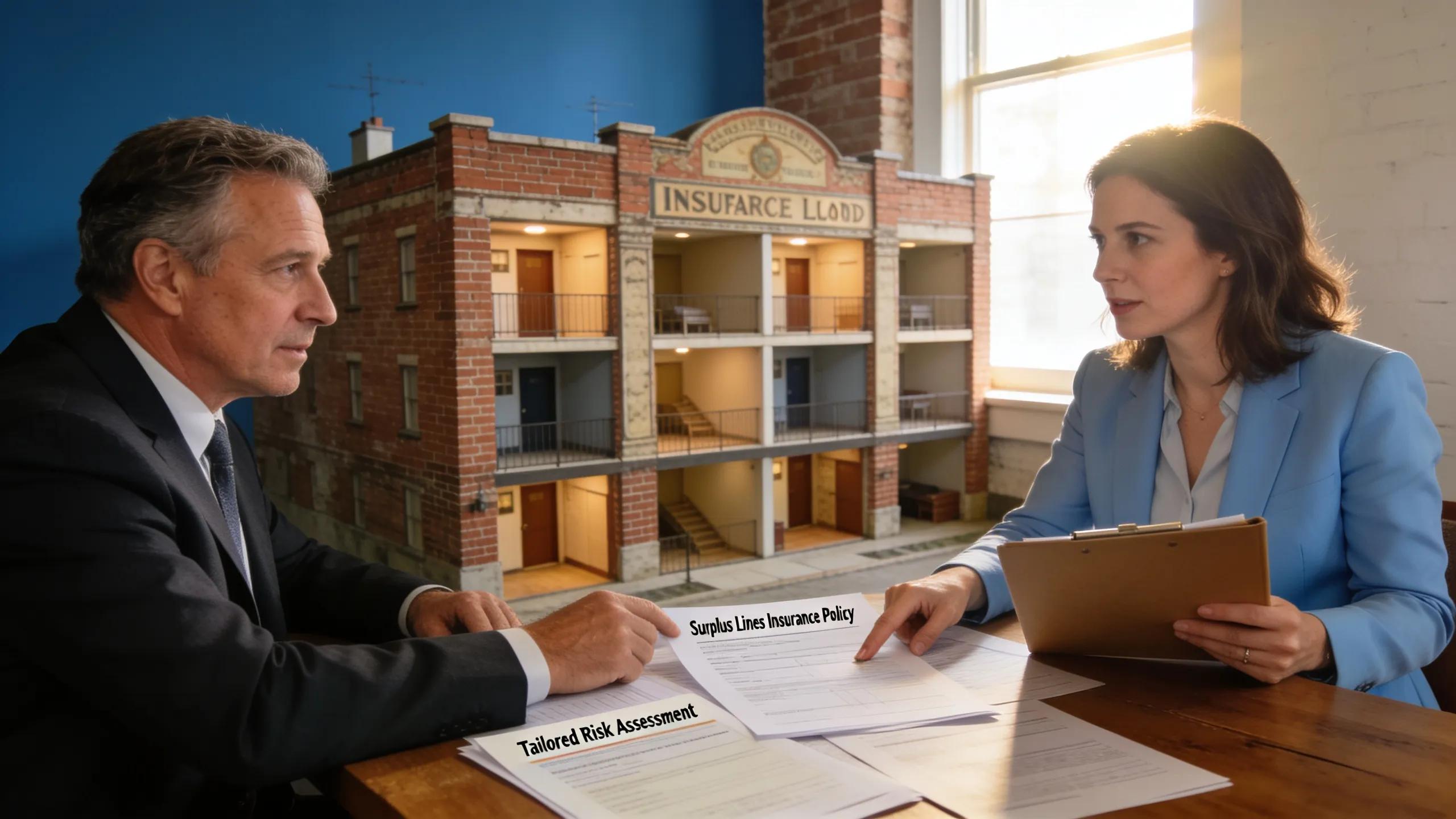 Landlord consulting with an insurance broker about surplus lines insurance for unique properties.