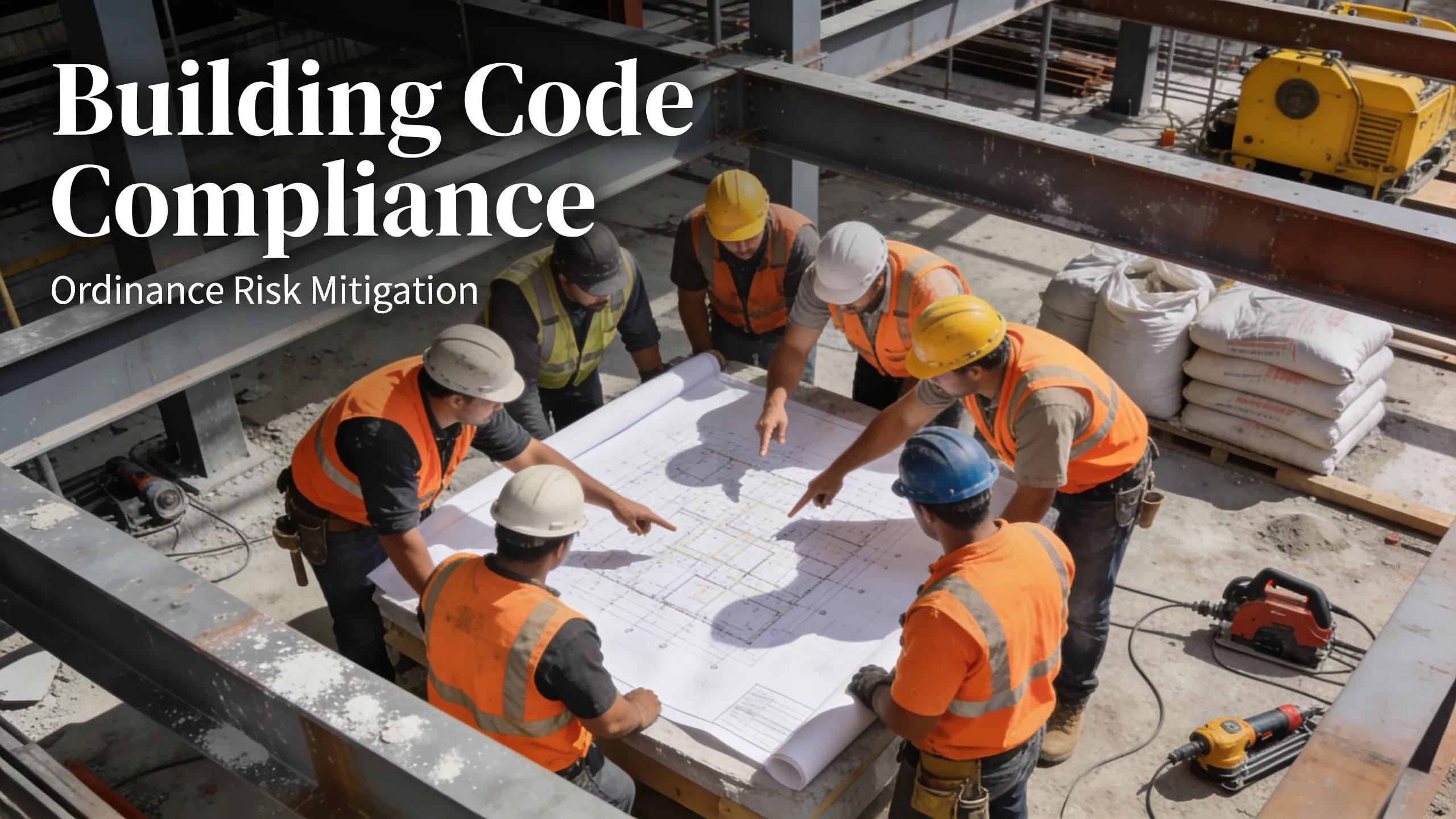 Construction workers reviewing building plans highlighting compliance with building codes