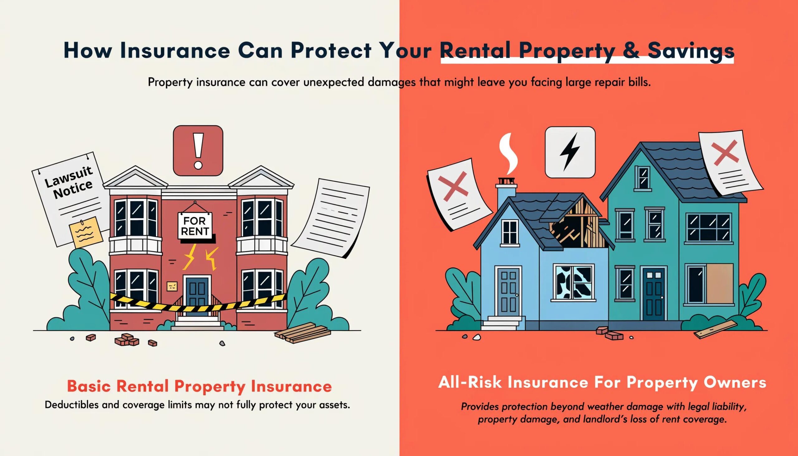 Visual representation of coverage differences between CGL and umbrella insurance for landlords