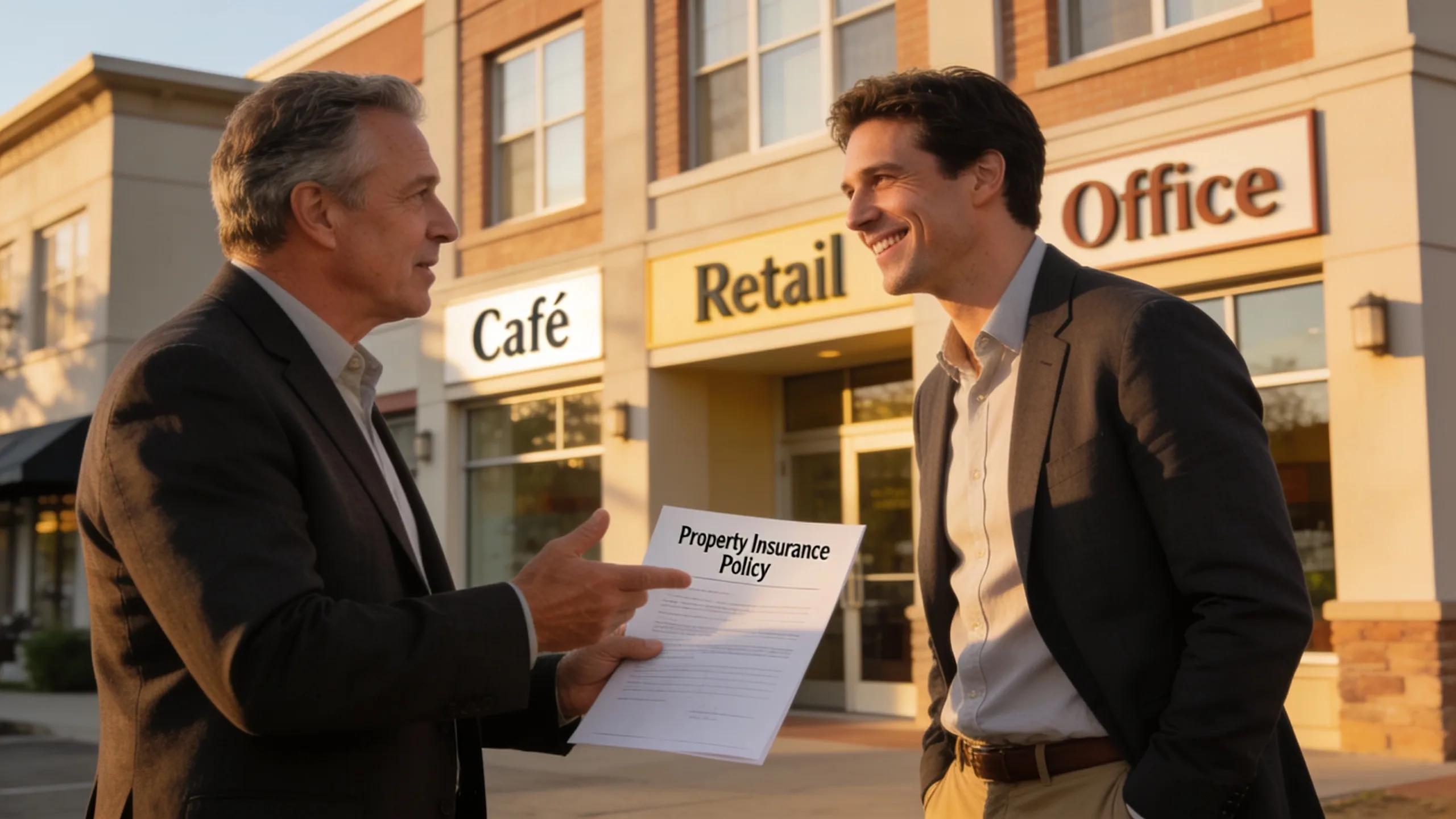 Landlord and tenant discussing insurance coverage in front of a multi-tenant commercial property