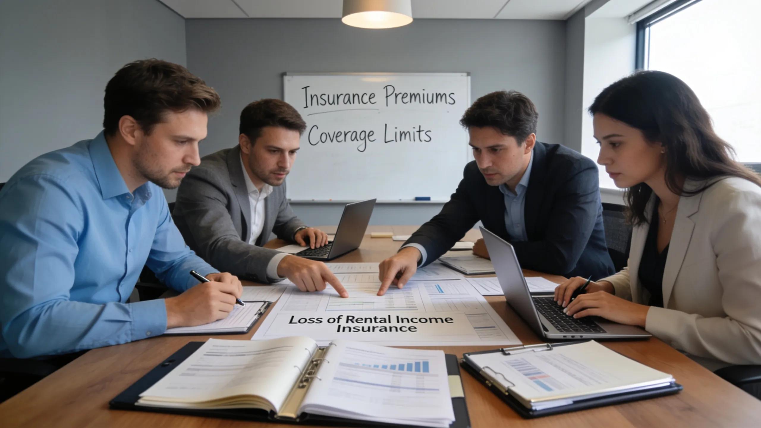 Property management team analyzing financial documents for loss of rental income insurance options